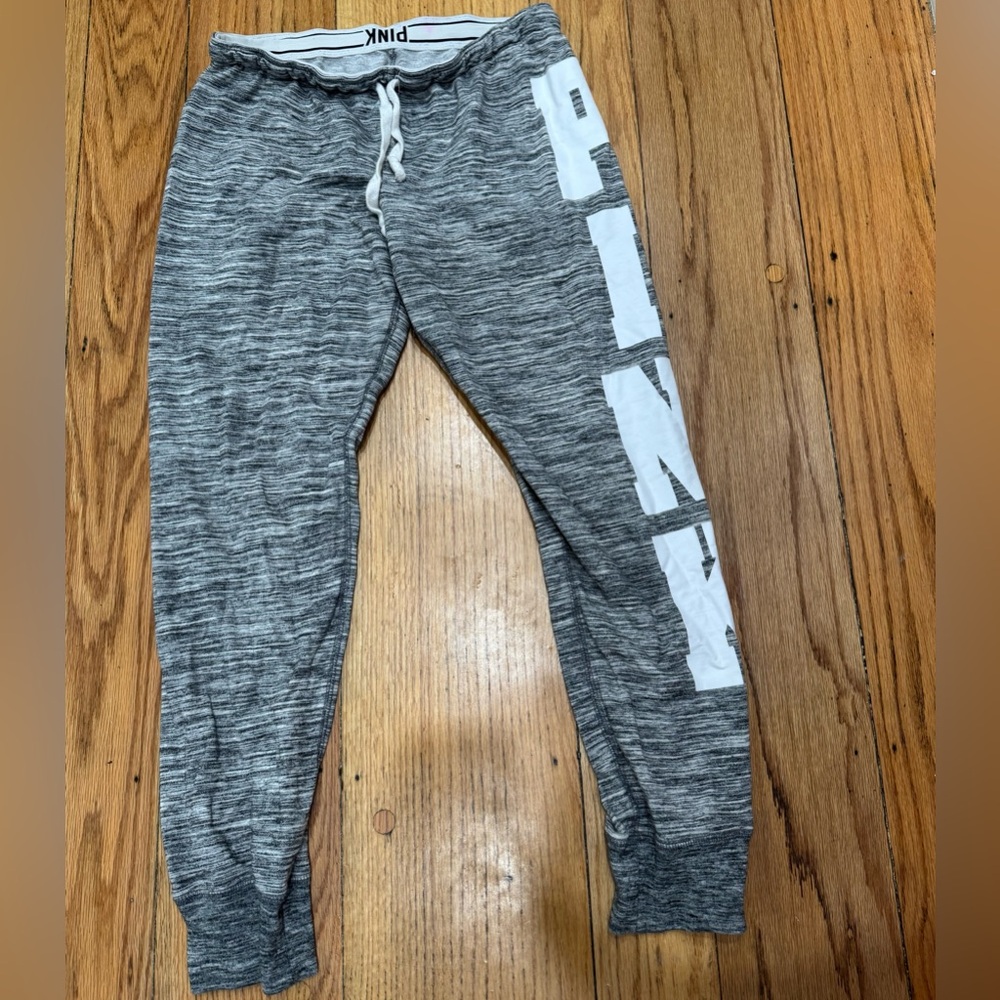 PINK Victoria's Secret Gray Marled Track Joggers with White Logo